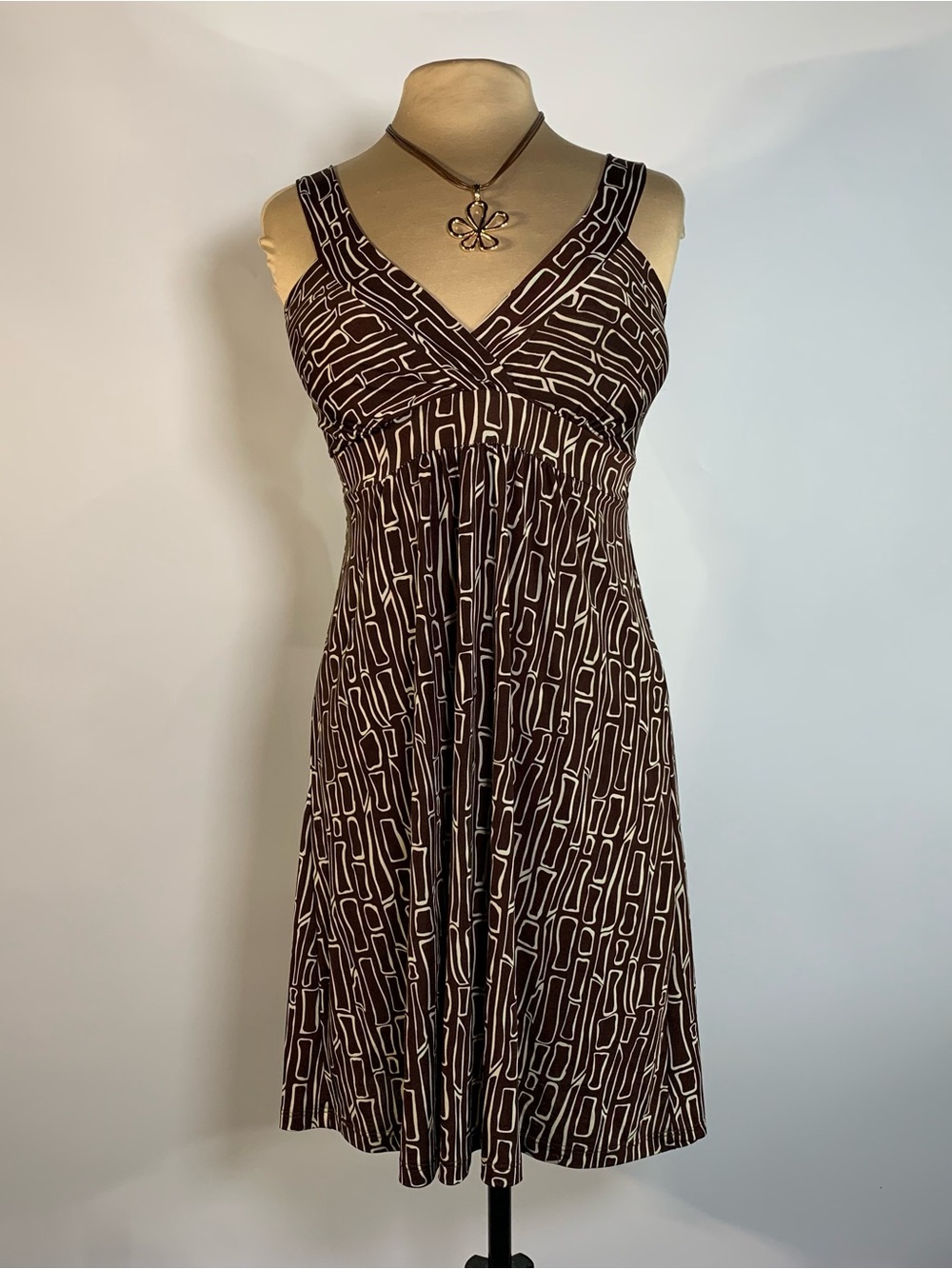 Y2K Brown Geometric Empire Waist Stretch Sleeveless Mini Dress